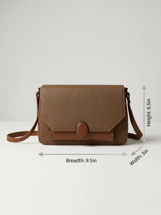 Brown crossbody bag with measurements on a white background