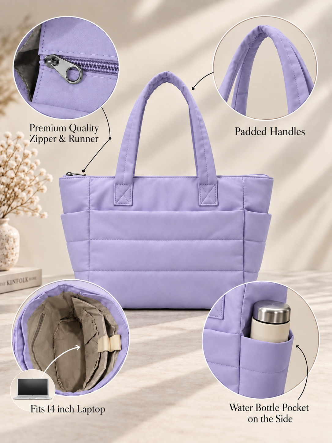 Purple puffer tote bag