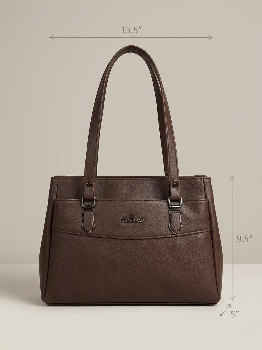 Brown handbag with dimensions labeled on a beige background