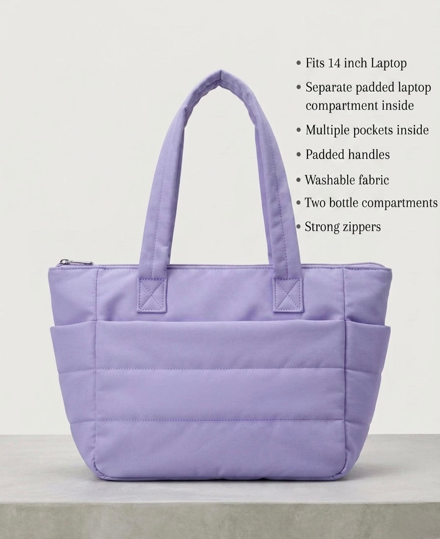 Purple puffer tote bag