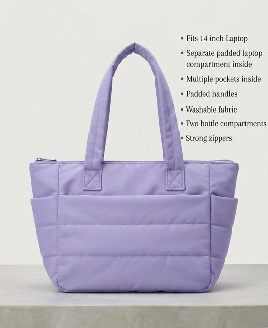 Purple puffer tote bag