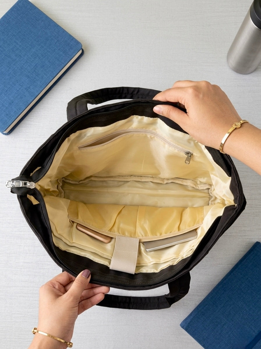 Black puffer tote bag