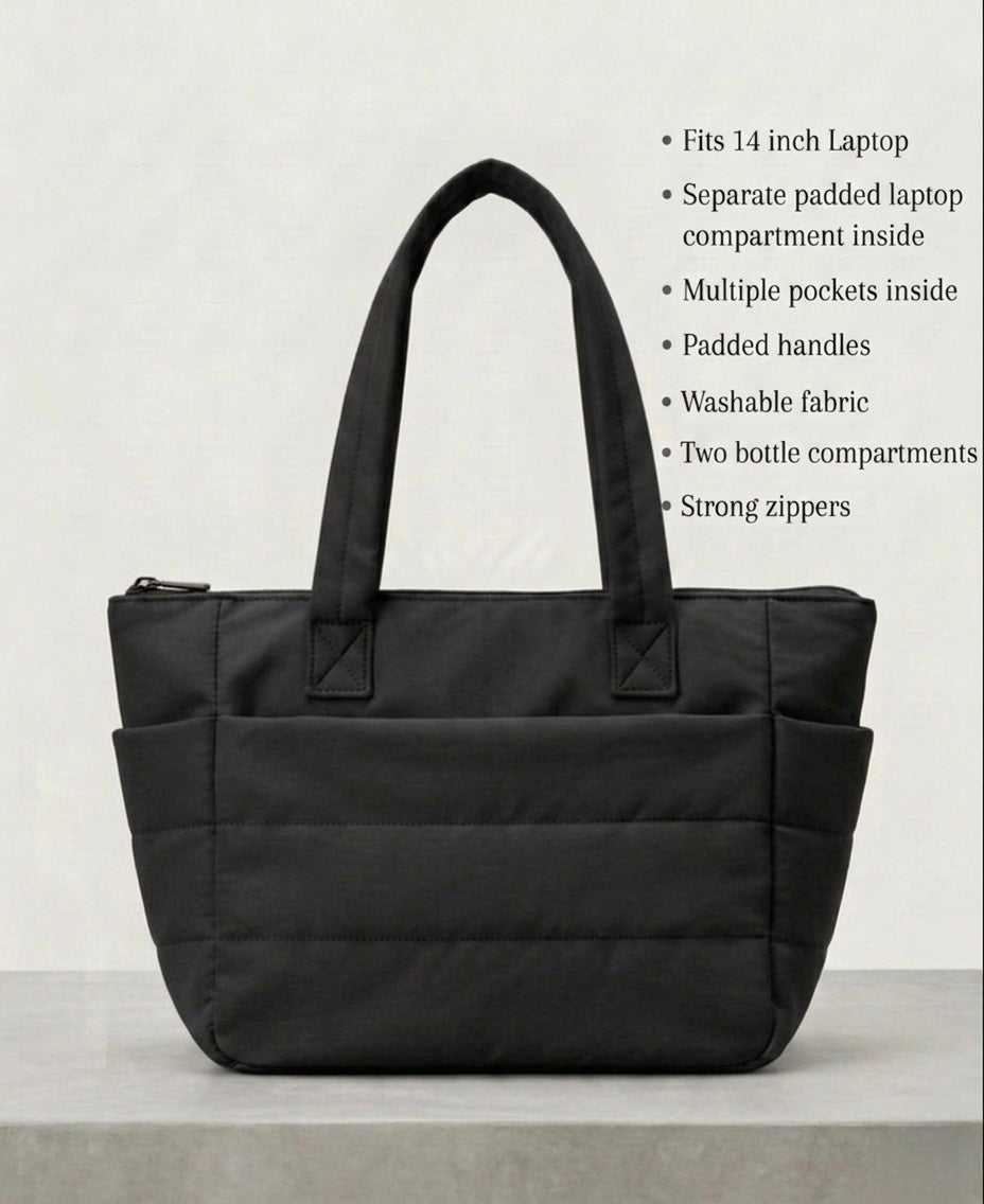 Black puffer tote bag