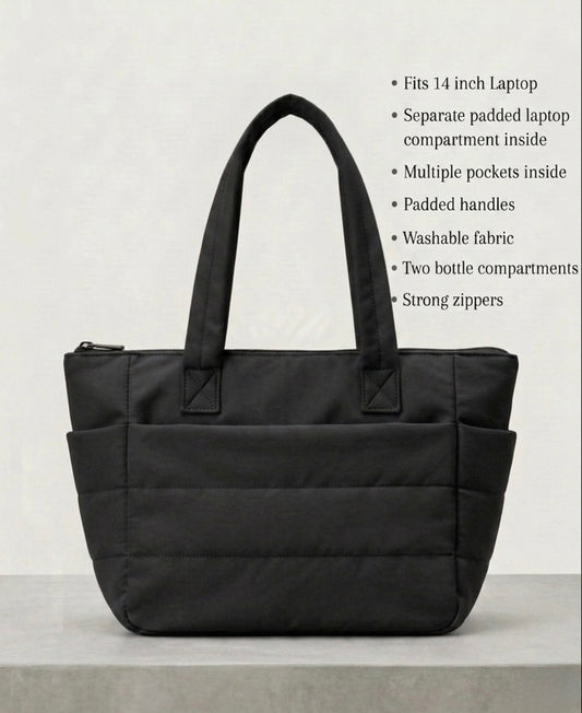 Black puffer tote bag