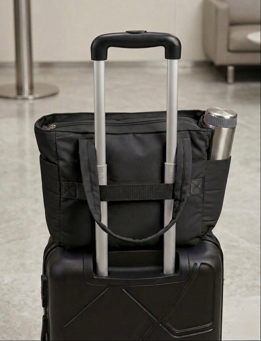 Black puffer tote bag