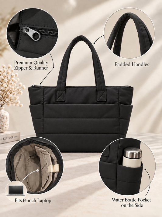 Black puffer tote bag