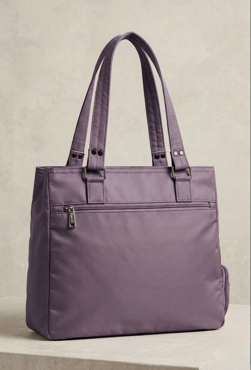 Purple tote bag on a light gray background