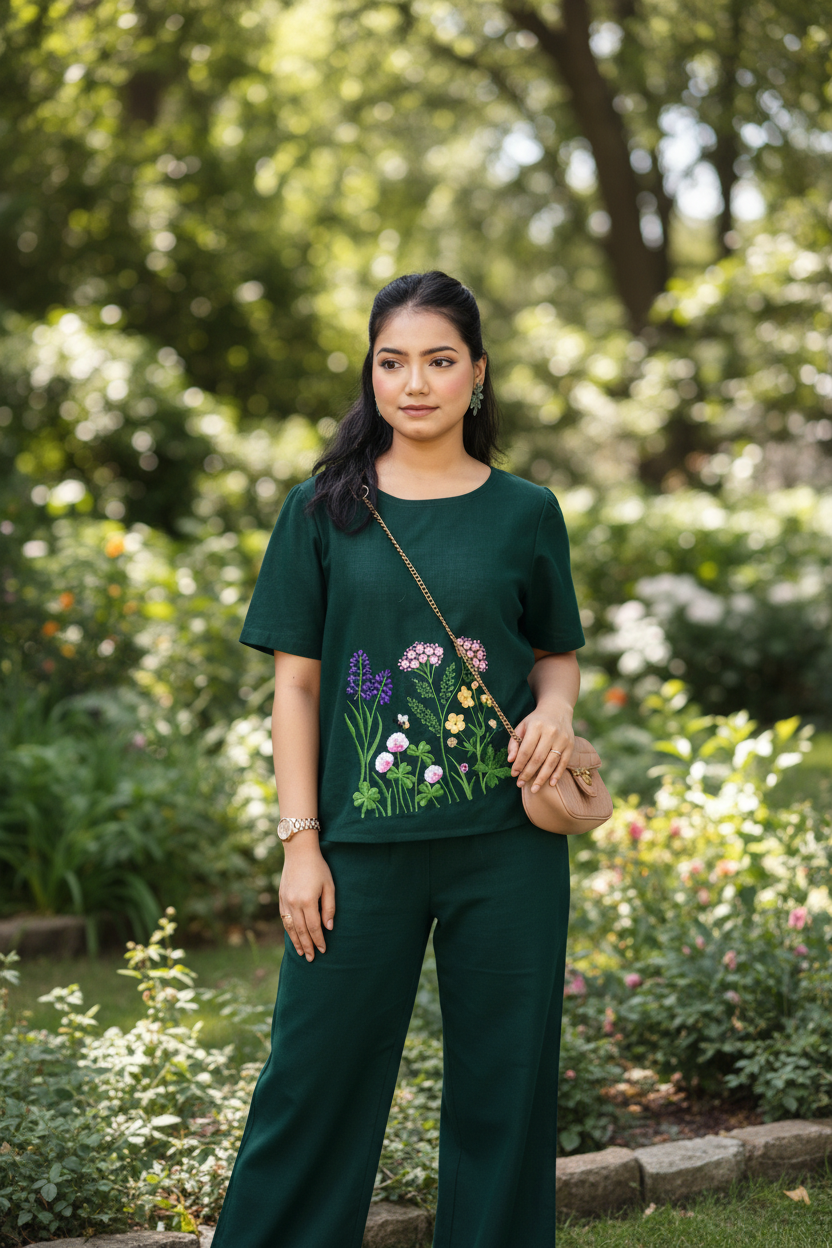 Woman wearing a green t-shirt with floral embroidery, holding a beige handbag.