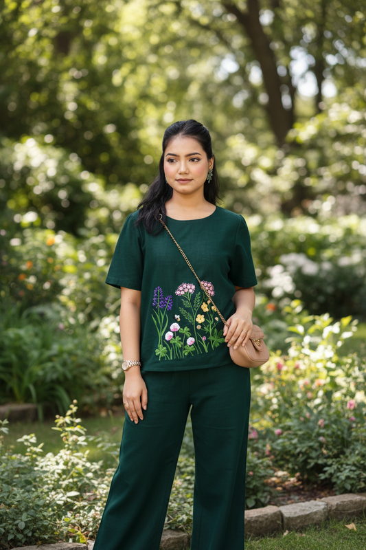 Woman wearing a green t-shirt with floral embroidery, holding a beige handbag.