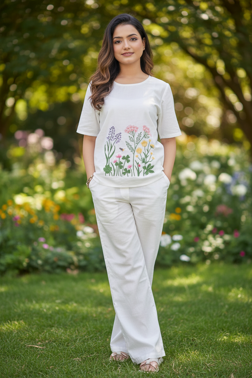 Woman wearing a white outfit with floral embroidery on a green background