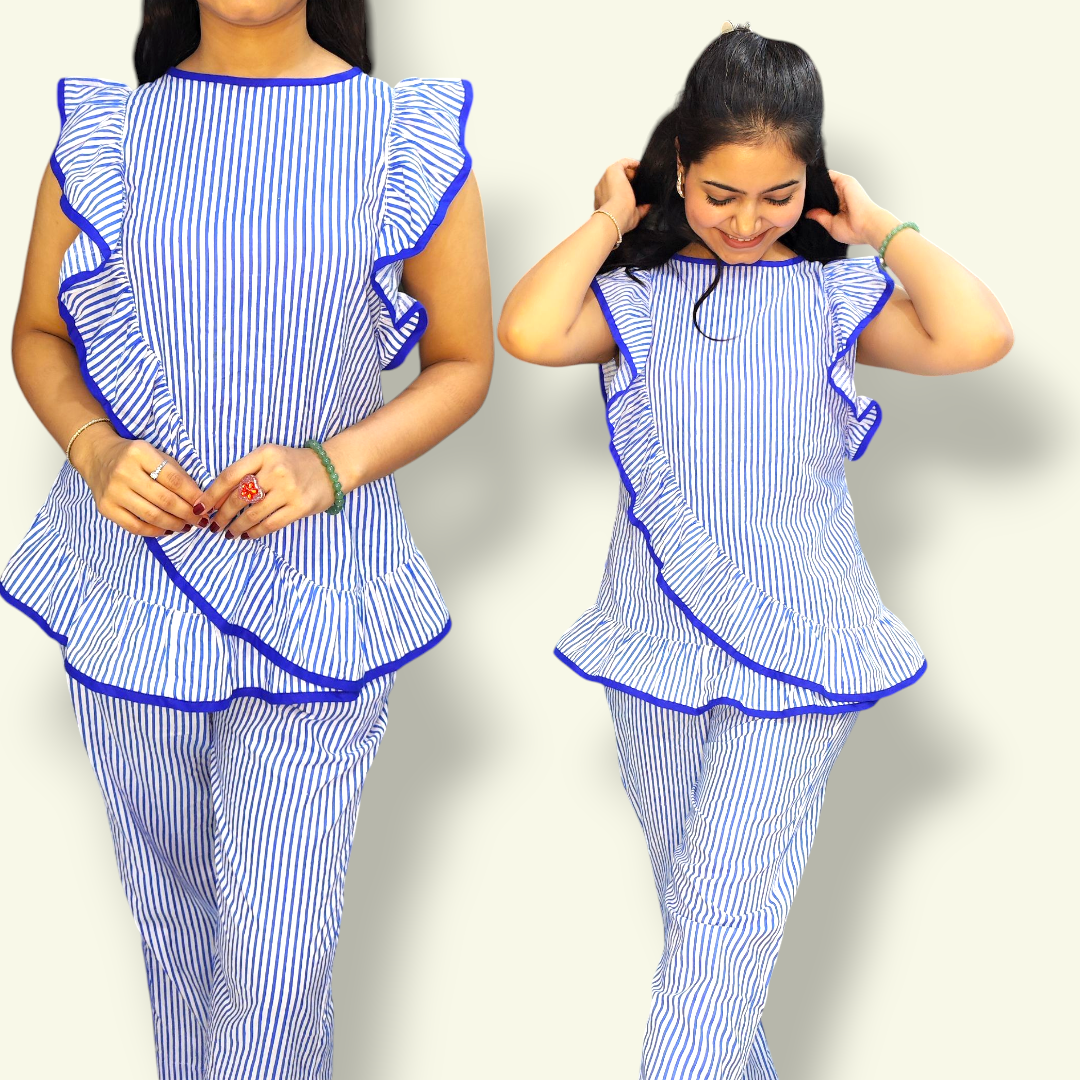 Striped Blue Ruffle Co-ord Set