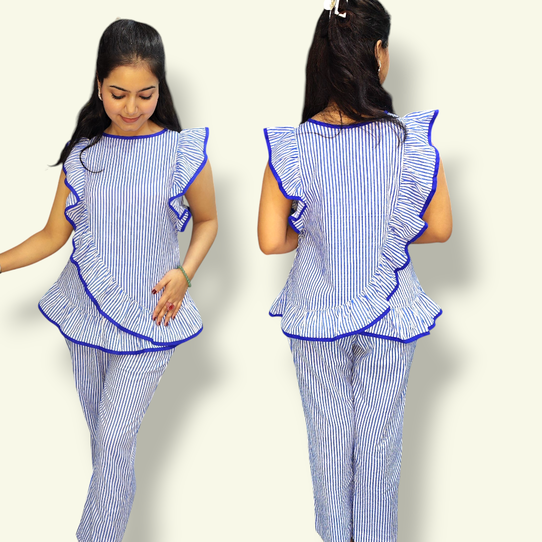 Striped Blue Ruffle Co-ord Set