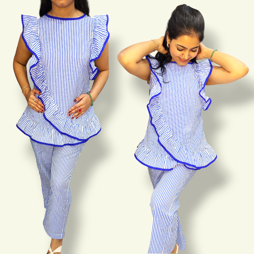 Striped Blue Ruffle Co-ord Set
