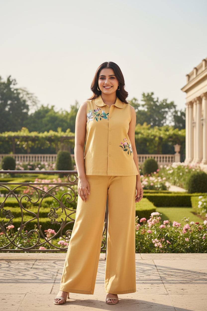 Woman wearing a yellow outfit with floral embroidery against a gray background