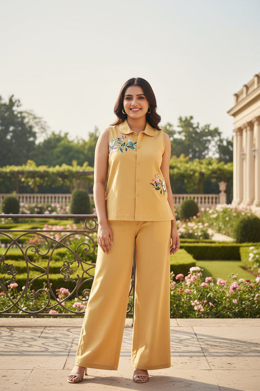 Woman wearing a yellow outfit with floral embroidery against a gray background