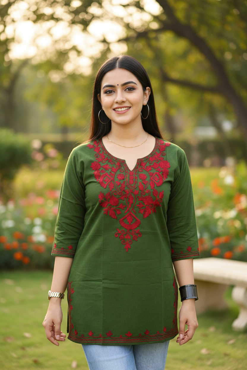 Woman wearing a green embroidered top with red patterns in an outdoor setting.