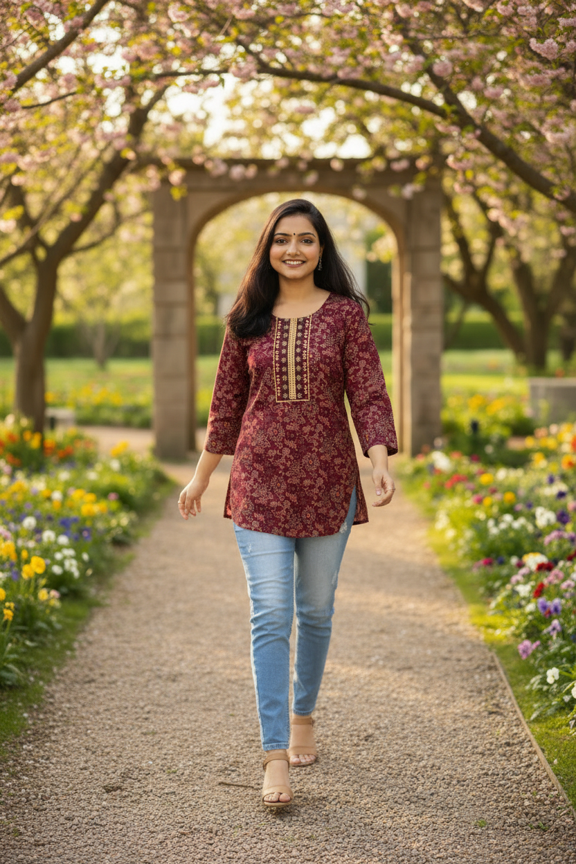 Woman wearing a maroon patterned kurta against a peach background