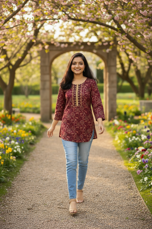 Woman wearing a maroon patterned kurta against a peach background