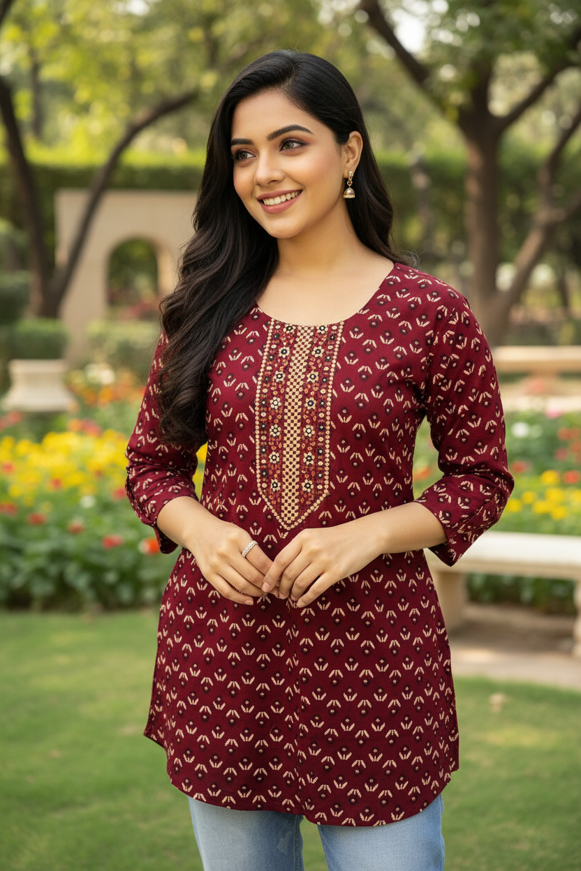 Woman wearing a maroon patterned top in an outdoor setting with greenery.