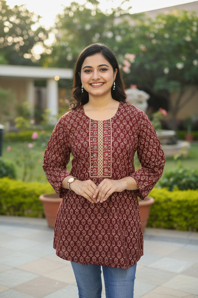 Woman wearing a maroon patterned top with blue jeans on a beige background