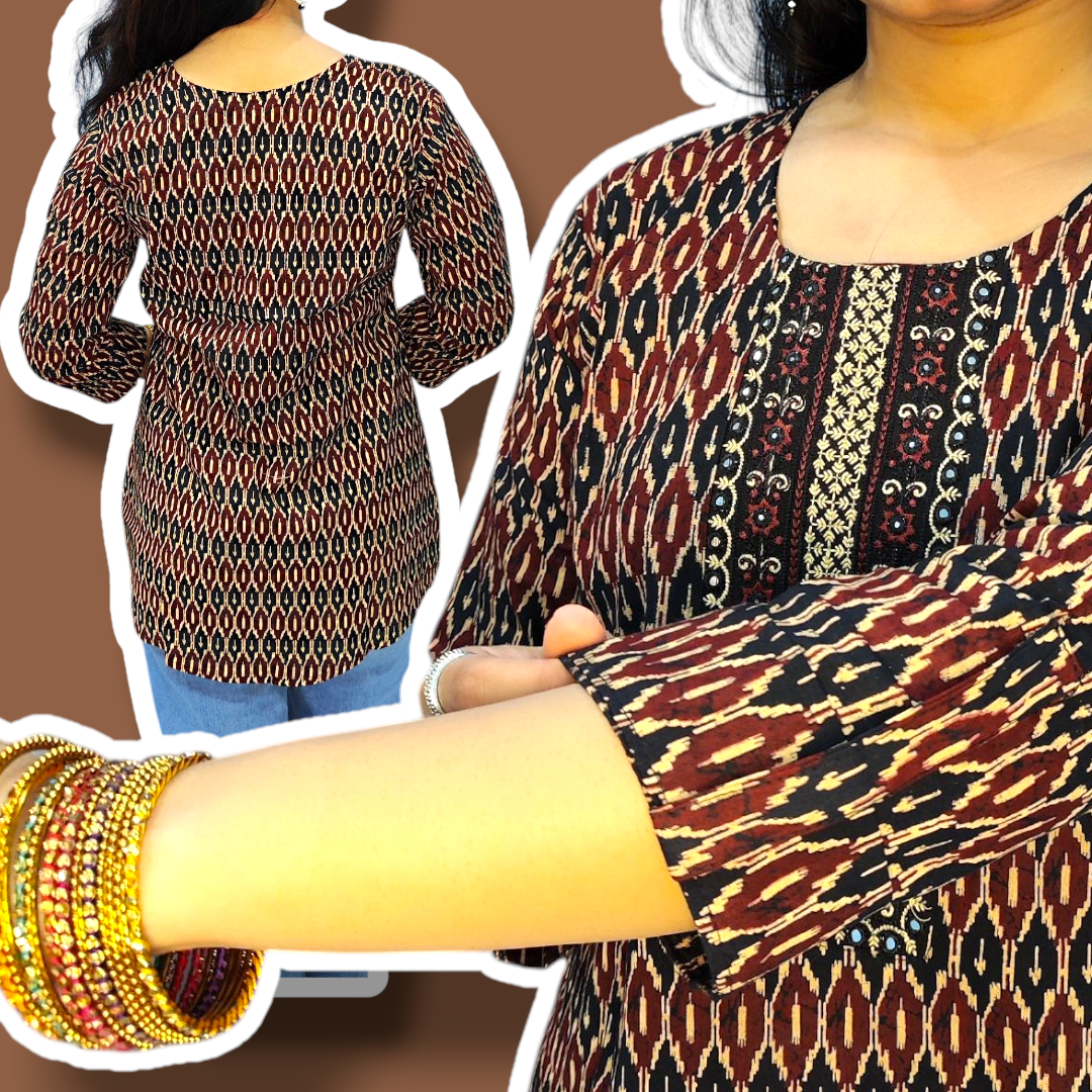 Patterned kurta with close-up of fabric texture on a brown background
