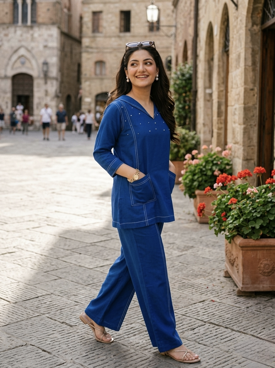 Woman in a blue outfit walking on a stone street with buildings and potted plants in the background.