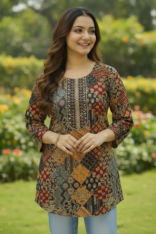 Woman wearing a patterned top and jeans on a yellow background