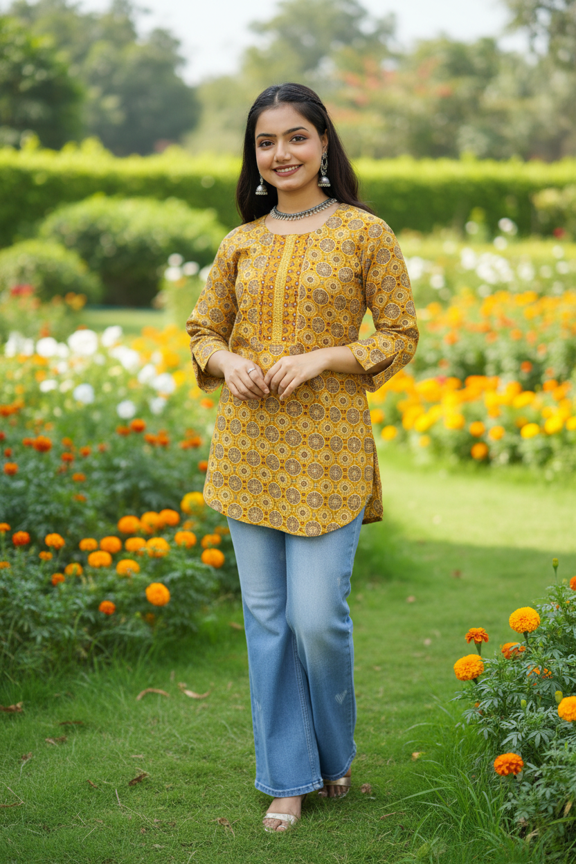 Woman in a yellow patterned top and blue jeans standing in a garden with flowers.