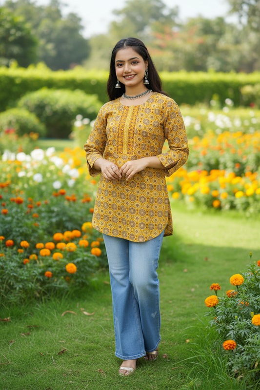 Woman in a yellow patterned top and blue jeans standing in a garden with flowers.