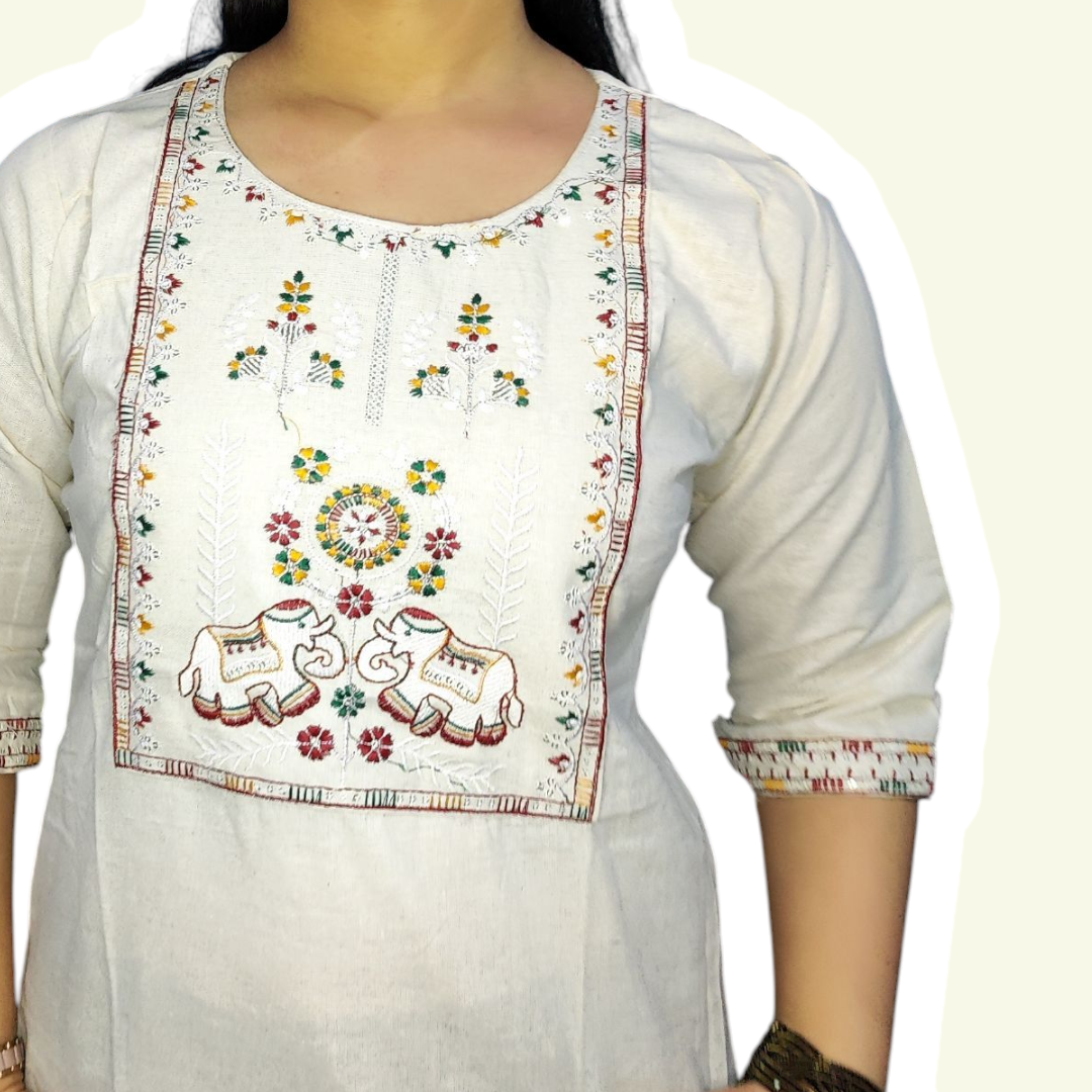 White kurta with colorful embroidery on a plain background