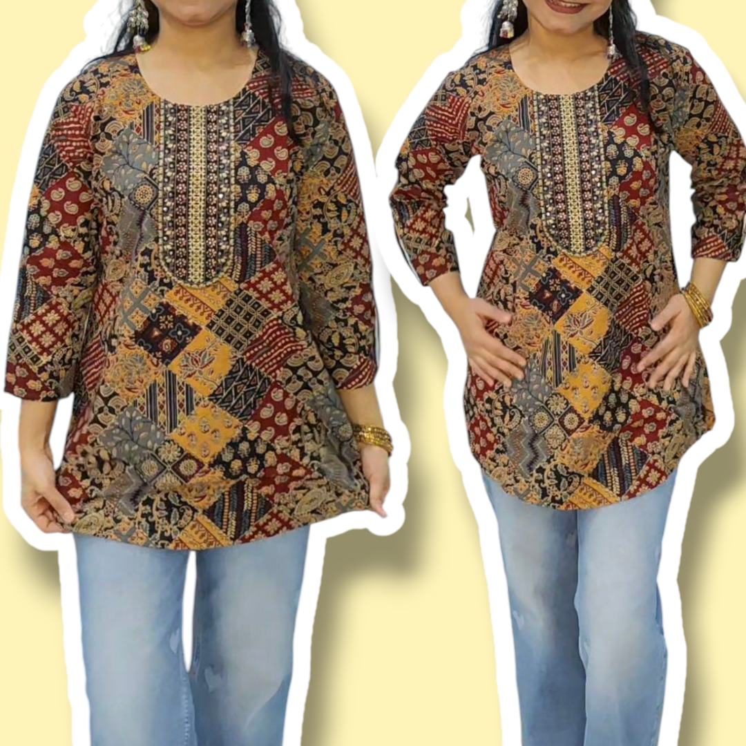 Two images of a person wearing a patterned top and jeans on a yellow background.