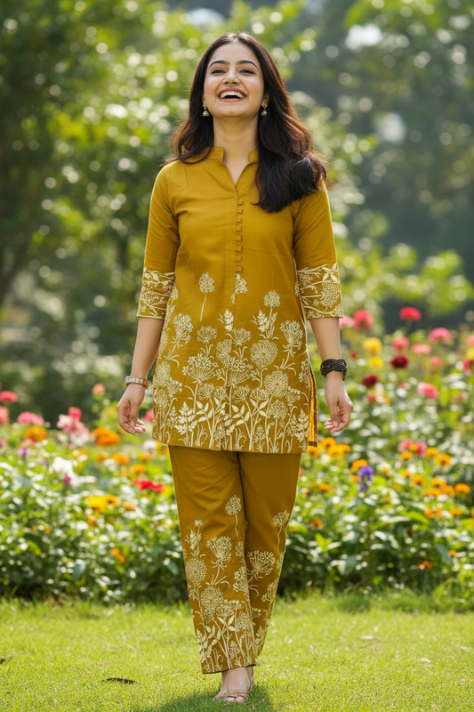 Woman in a mustard yellow traditional outfit standing in a garden with flowers and greenery.