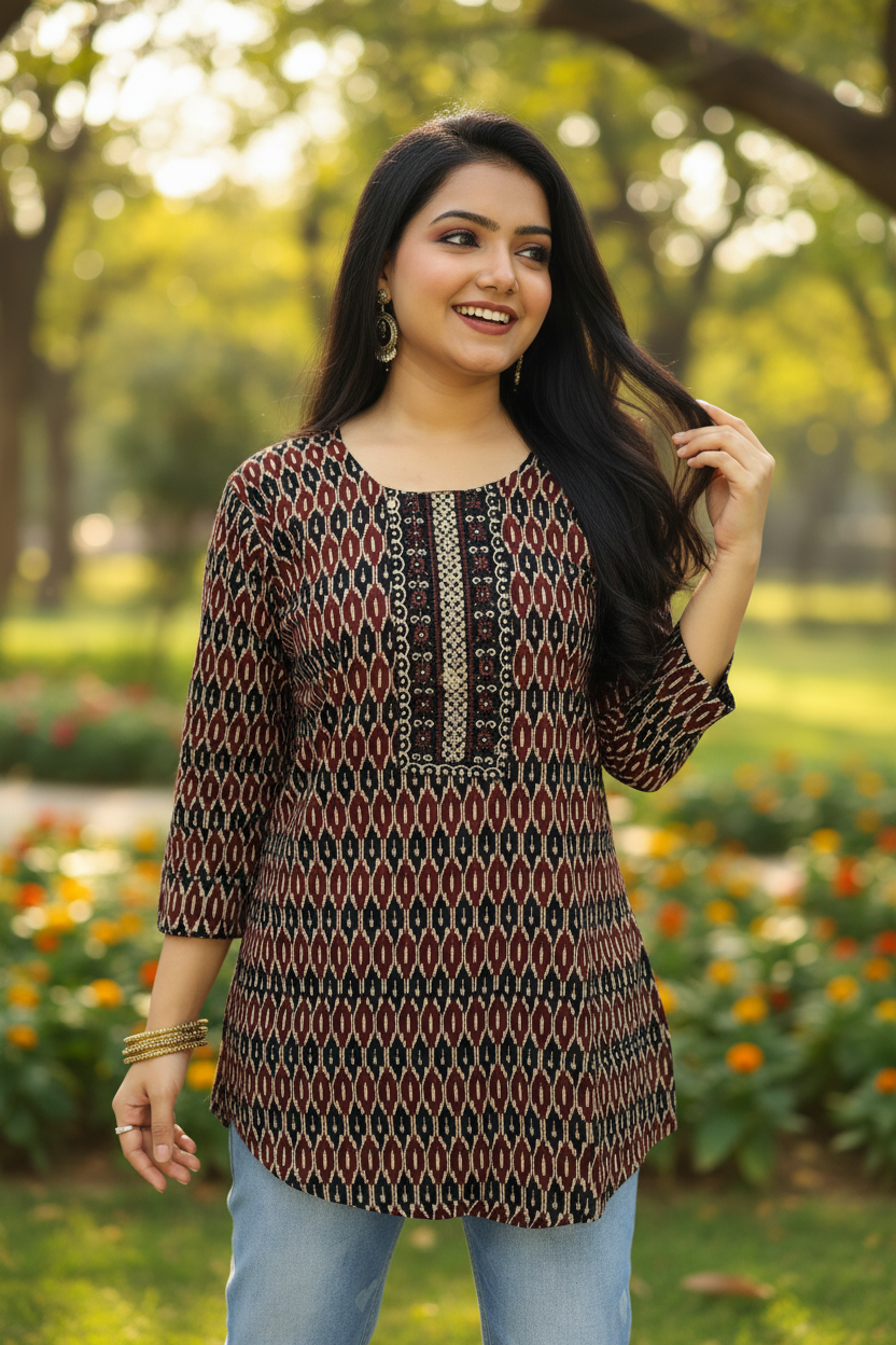 Woman wearing a patterned brown and black top with blue jeans on a brown background